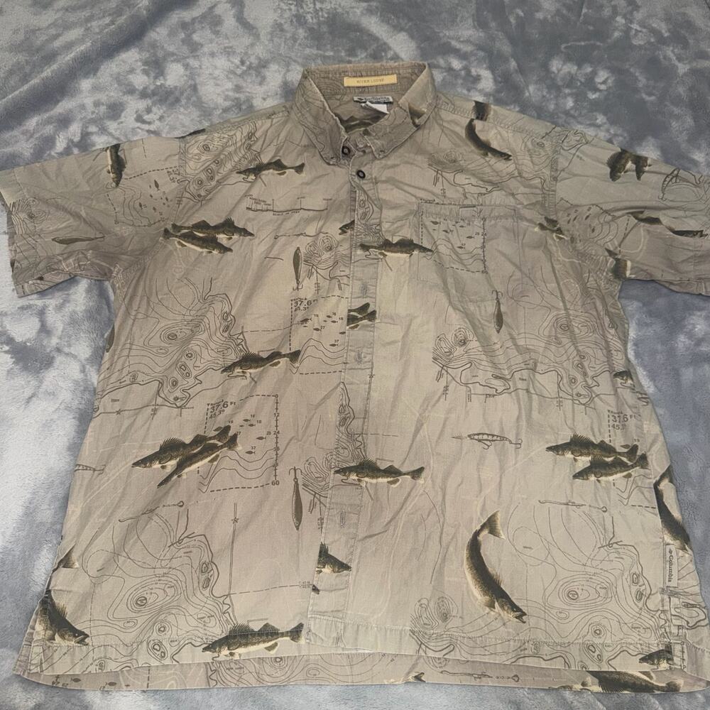 Columbia River Lodge Fishing Map Walleye Button Down Shirt Men’s XL